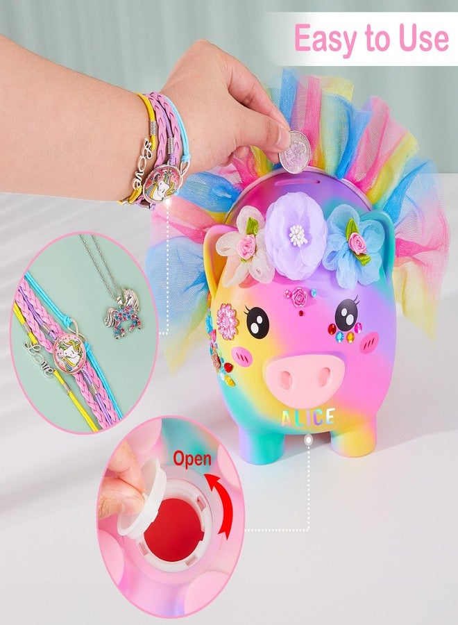 Play Tailor Piggy Bank for Girls Large Unicorn Piggy Banks with Necklace Bracelet DIY Stickers Cute Coin Piggybank Unbreakable for Toddler Kids Christmas Birthday Gifts, Rainbow with Rainbow Dress, M - Image 5